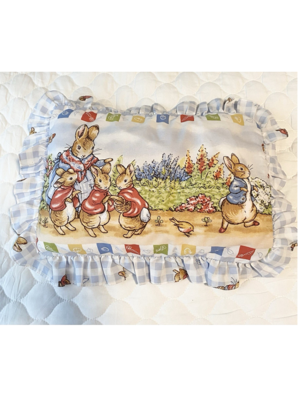 Vintage Peter Rabbit Beatrix Potter Nursery Ruffle Pillow Blue Gingham 14x10